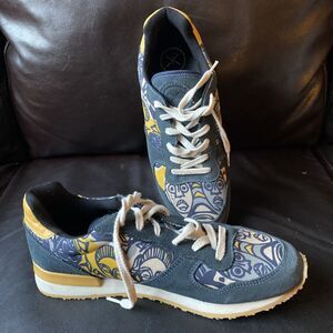 Inkkas Leather Sneakers Womens 12 Mens 10 Blue Aztec Face Boho Shoes Mexico EUC